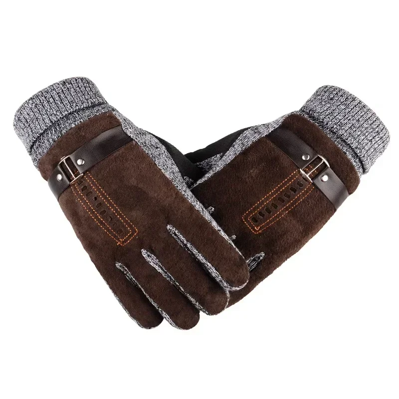 

Winter Men's Warm Gloves Genuine Suede Pig Leather Gloves Mittens Male Thick Bike Motorcycle Gloves Men Knitted Guantes