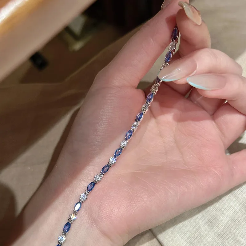 Luxury white gold ring women's platinum PT950 cultivated blue spindle 3*6mm marquise color row diamond bracelet light luxury