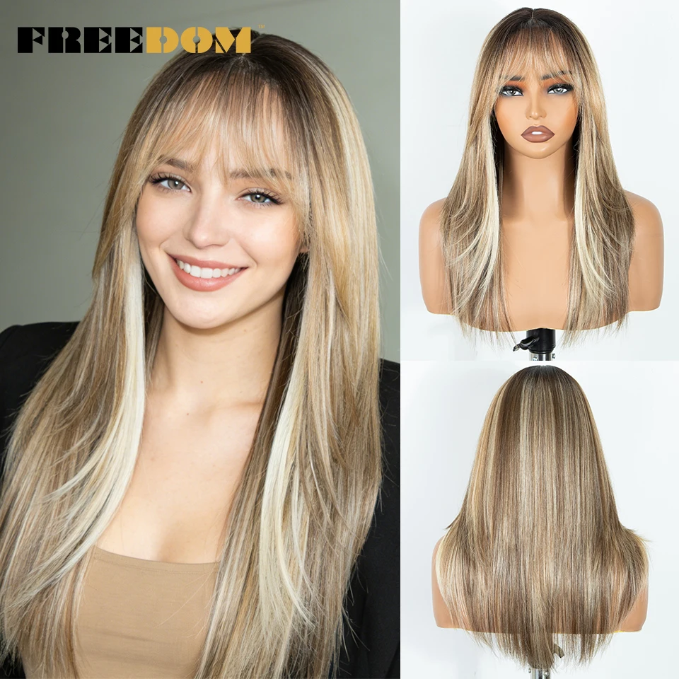 

FREEDOM Straight Synthetic Lace Front Wig With Bangs 20 Inch Pre-cut Ombre Brown Blonde Layered Lace Wigs Pink Cosplay Wig