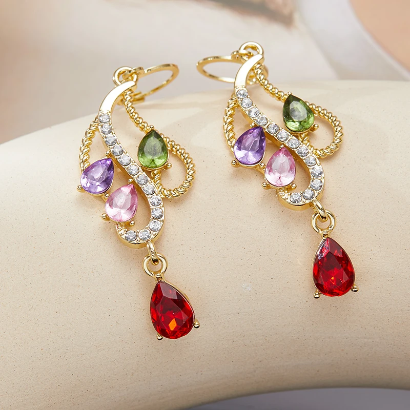 Delicate Elegant High-level Sense of Asymmetric Inlaid Colorful Stone Pendant Earrings for Women Temperament Dress with Gifts