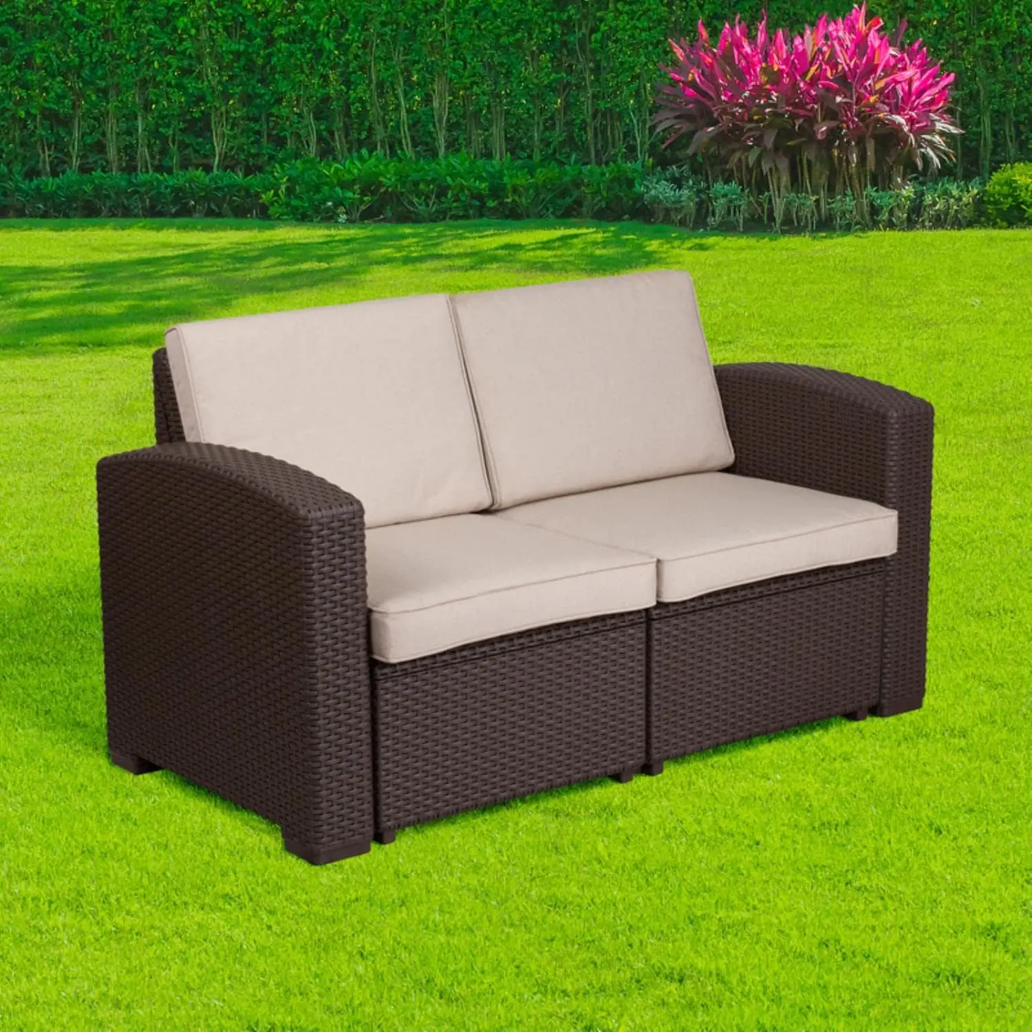 Furniture Chocolate Brown Faux Rattan Loveseat with All-Weather Beige Cushions