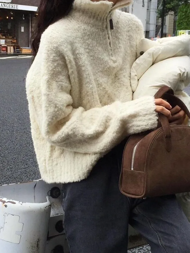 Chic Autumnal Long Sleeve Knitted Sweater Half Zip Furry Texture Blogger Favorite Casual Style Regular Fit Online Exclusive