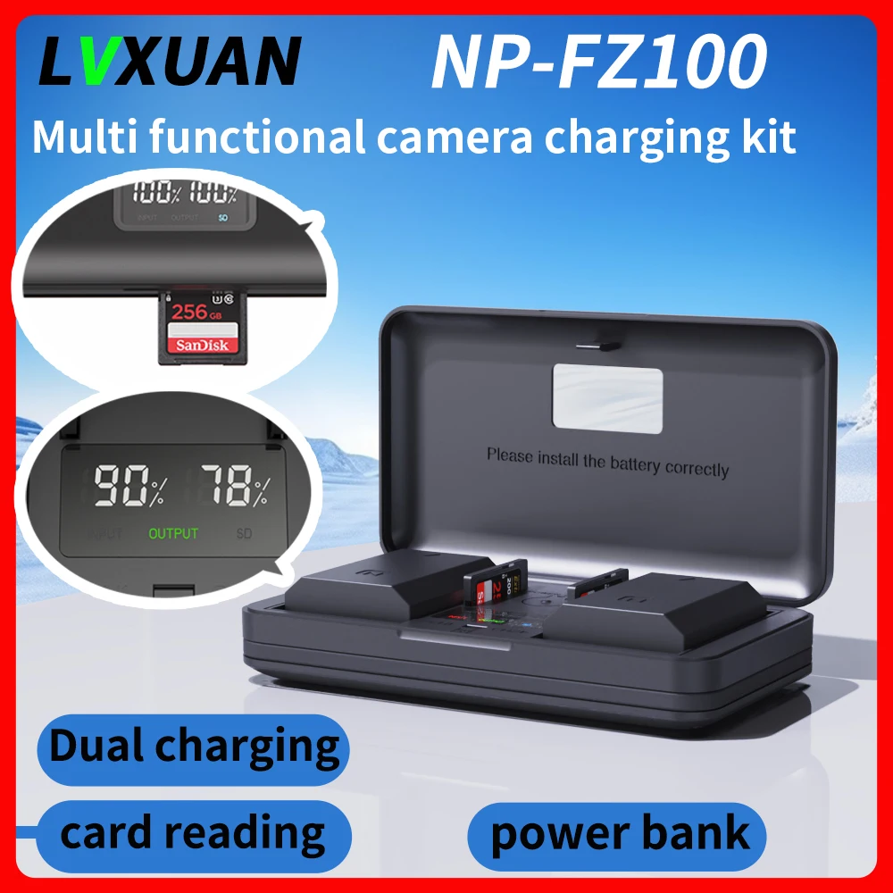 NP-FZ100 battery and  LCD USB charger for for Sony A1, A9, A9 II, A7R III, A7R IV/ V, A7S III, A7 III,  IV, A6600, A7C  Cameras