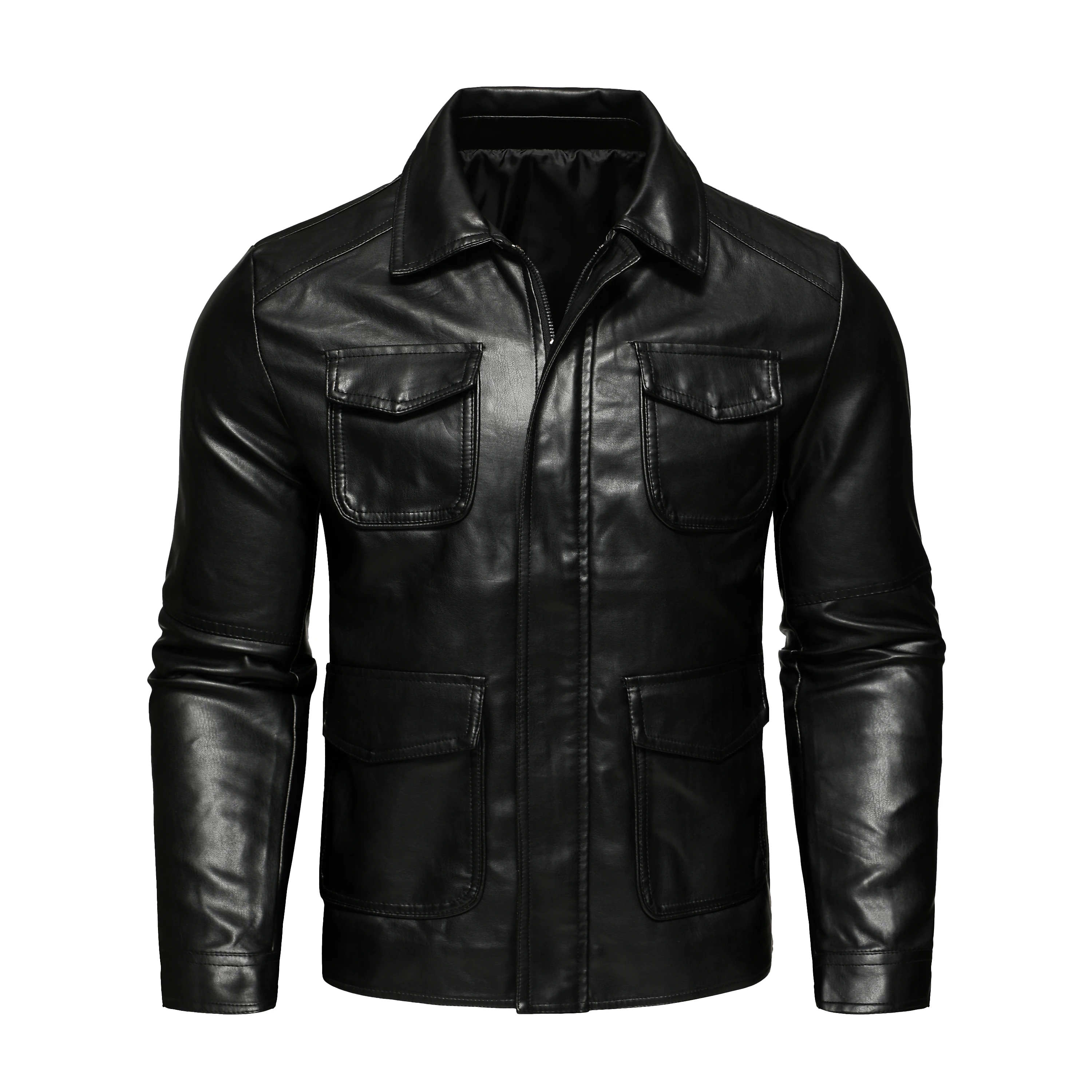 

Мужская повседневная куртка из искусственной кожи с несколькими карманами и лацканами и мотоциклетным костюмом.