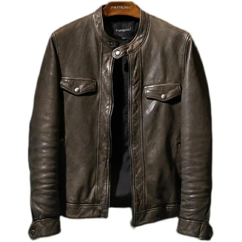 LNY!Wholesales.Brand luxury Vintage style slim men genuine leather jacket.heavy tanned sheepskin coat.Cool Korean