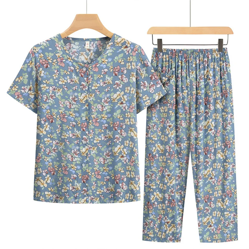 Large Size Women Pajama Set New Printed Short Sleeve Trousers Sets Thin Middle Aged Mother Two Piece Suit Home Clothes 4XL