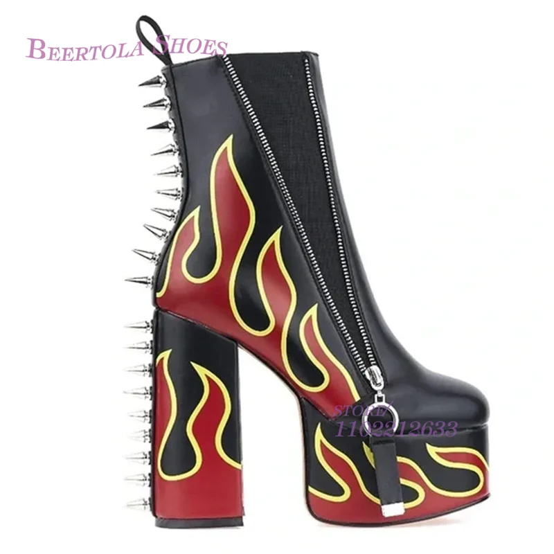 Red Flame Graffiti Booties Black Tight Leather Short Boots Women Platform Chunky Heel Graffiti Metal Silver Rivets Spring Shoes