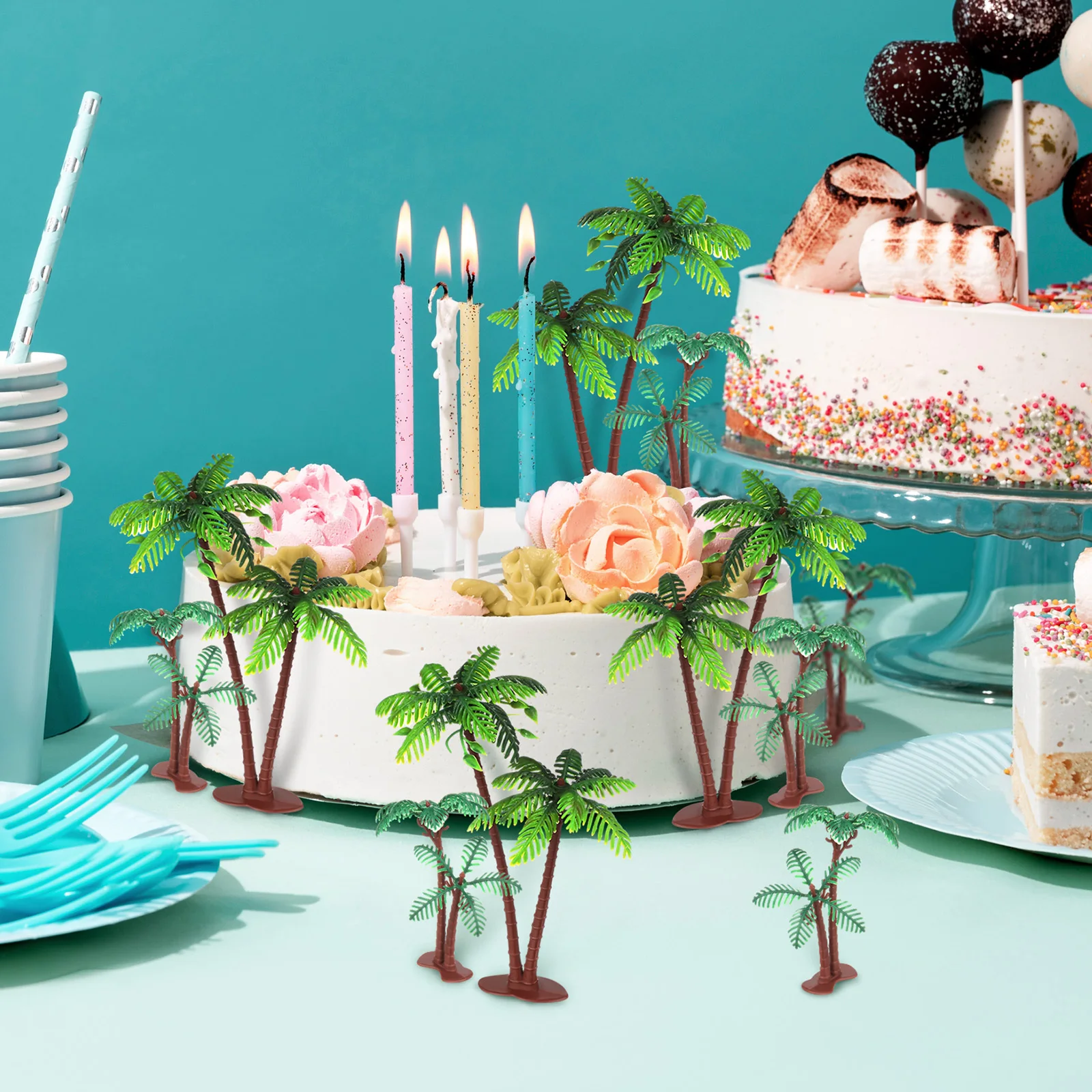 

16 pcs Coconut Tree Cake Toppers Mini Plastic Tropical Beach Decor For Birthday Cupcake Hawaiian Party Favors Jungle Theme Cake