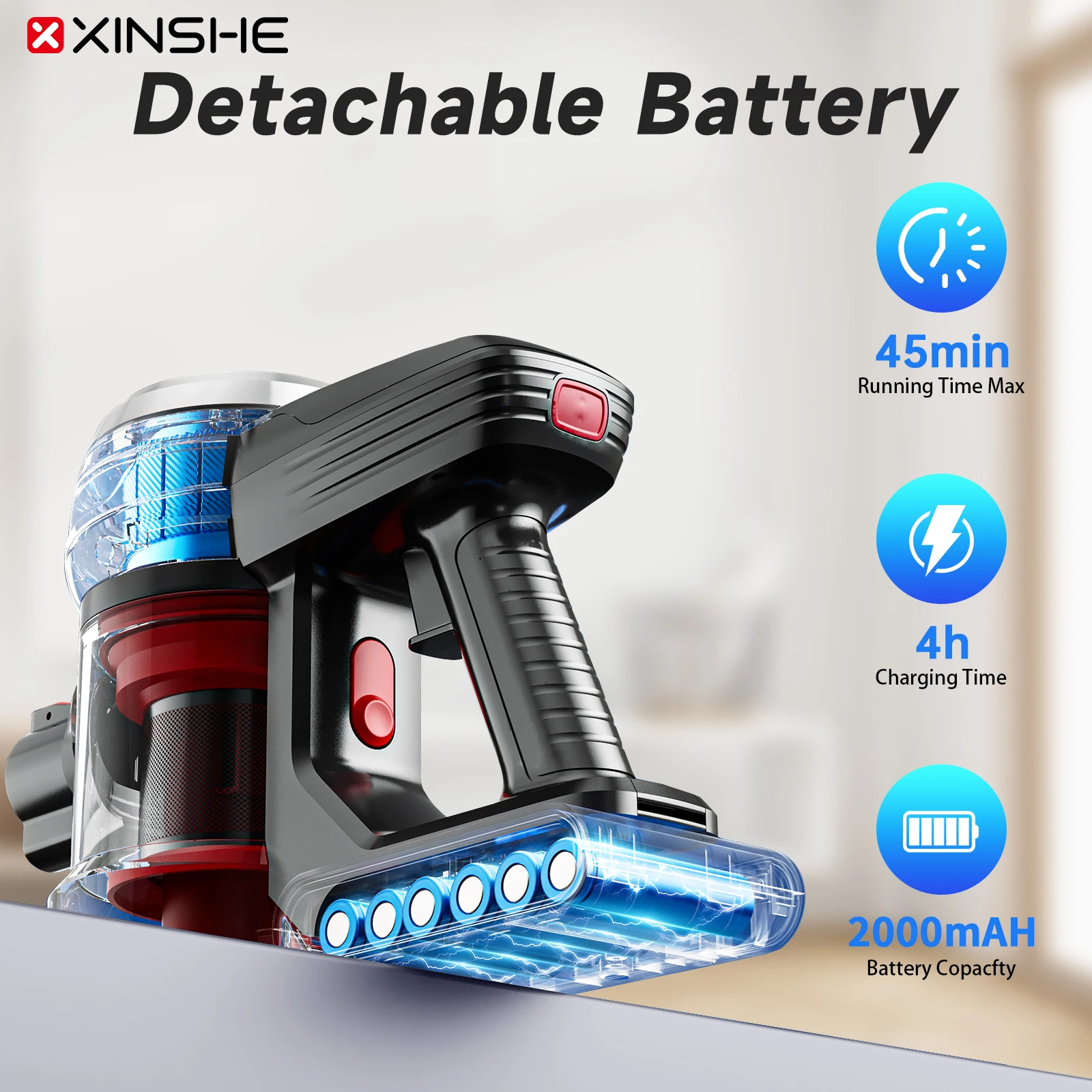 XINSHE A7 トップ吸引 33Kpa コードレス掃除機、掃除機、取り外し可能