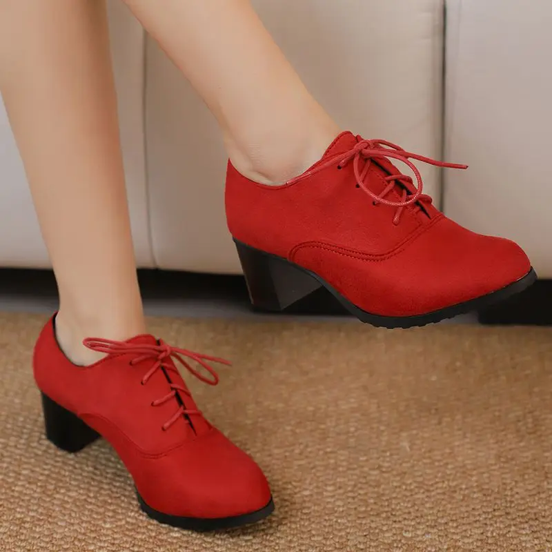 

Girseaby 2025 Design Классические женские туфли-лодочки из замши на массивном каблуке 5,5 см на шнуровке Большой размер 43 44 45 Повседневная обувь для отдыха Весна