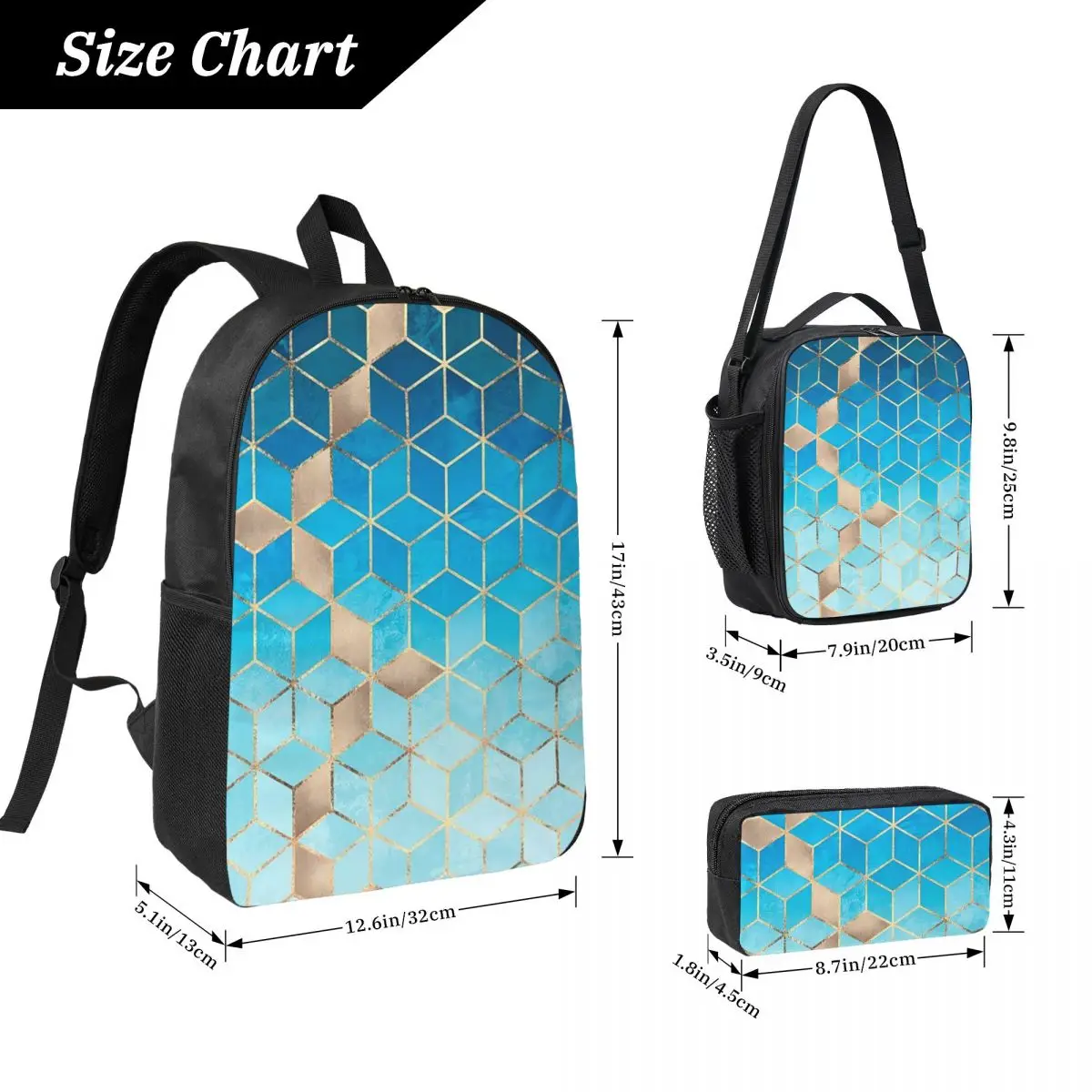 Sea And Sky Cubes Backpack Student BookBag School Bag Laptop Shoulder Bags 3ps Insulated Lunch Bag Pencil Case