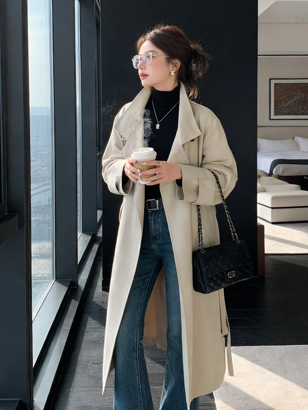 

Early Spring New Long Coat Women's Loose Casual Stand Collar Double Breasted Korean Sle Windproof Faion Outerwear