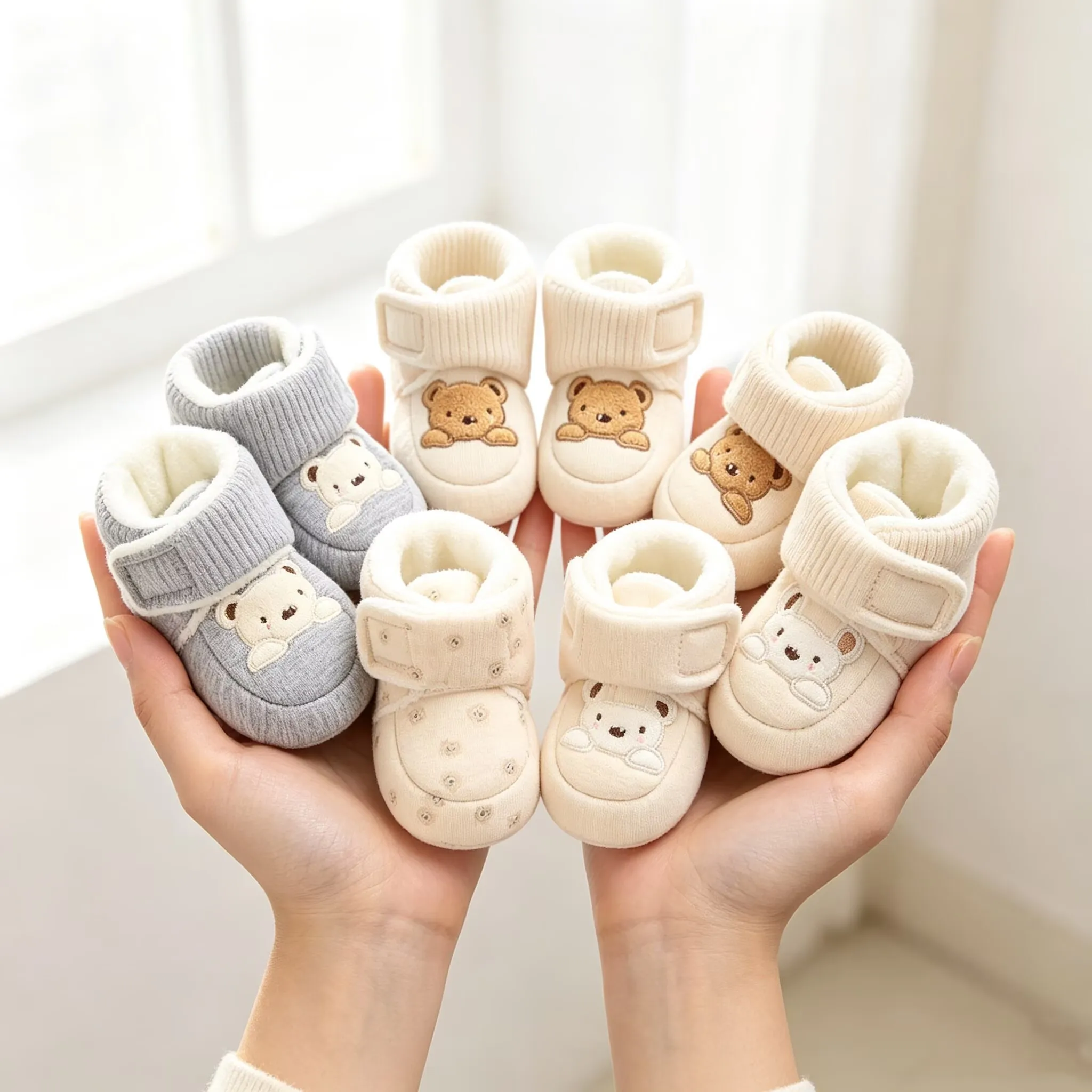 Winter Newborn Cotton Shoes 0-1 Year Old Male and Female Baby Cartoon Teddy Bear With Plush Warm Walking Boots