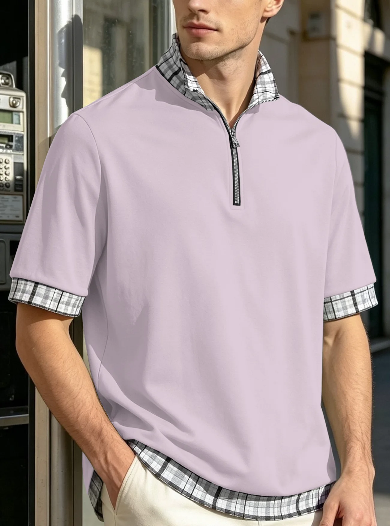 New men's pure cotton patchwork collar casual business shirt with half-zip short-sleeved polo shirt
