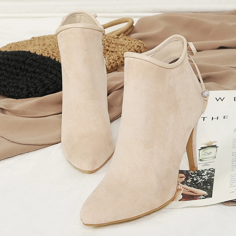 2023new autumn winter Women ankle boots plus size 22-27CM flock upper side zip modern boots high heel butterfly knot short boots