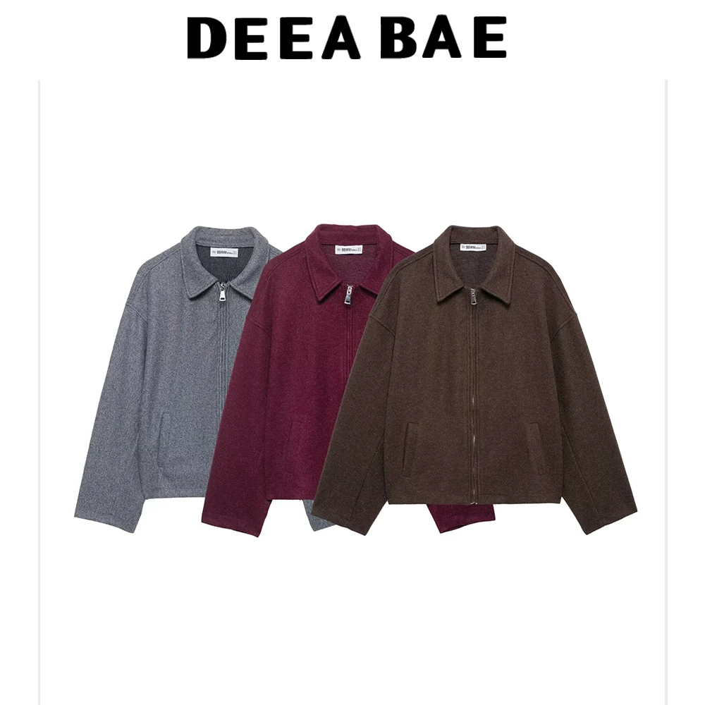 

DEEABAE New autumn and winter women's clothing simple and versatile lapel long sleeved wide zipper short woolen coat