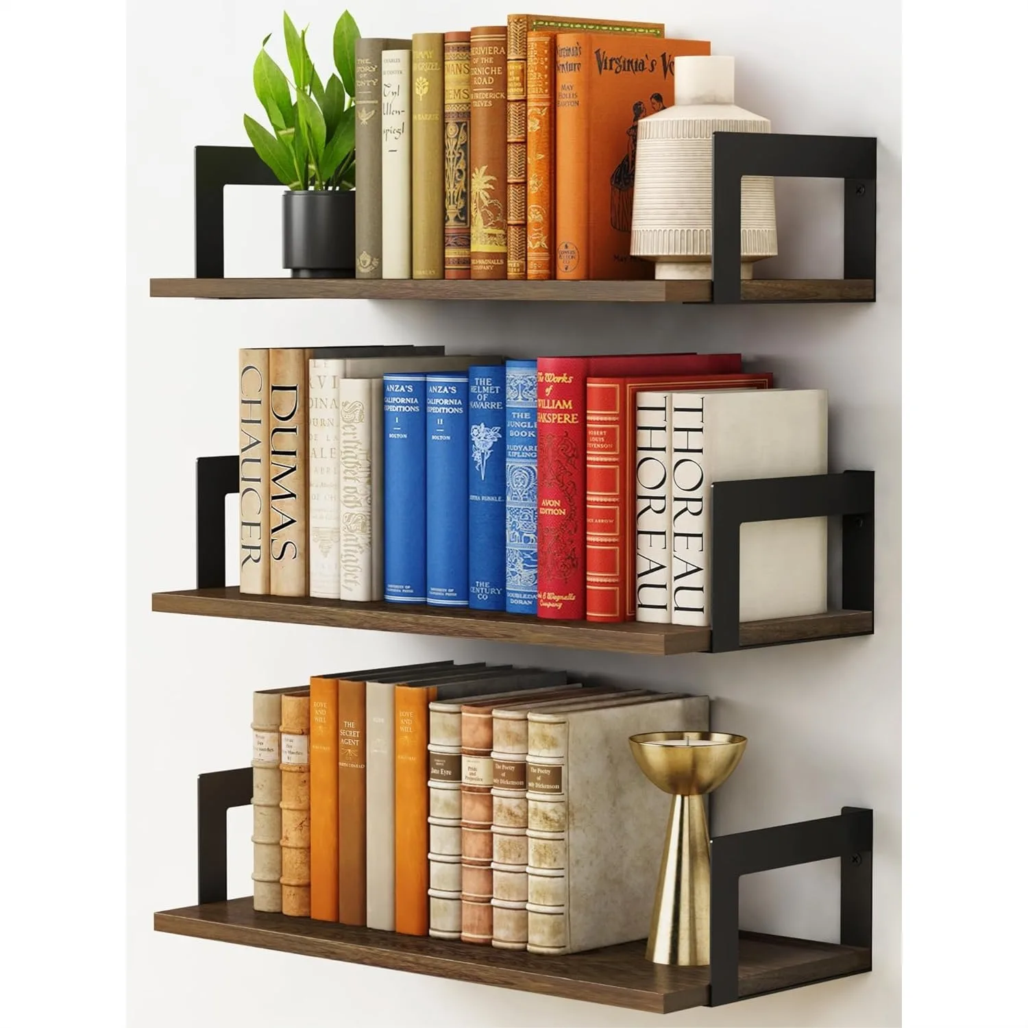 

Floating Book Shelves For Wall Set Of 3, 17 X 8 Inch Deep Wooden Wall Bookshelf For Bedroom Office, Rustic Hanging Shelves For Living Room Kitchen Dark Brown