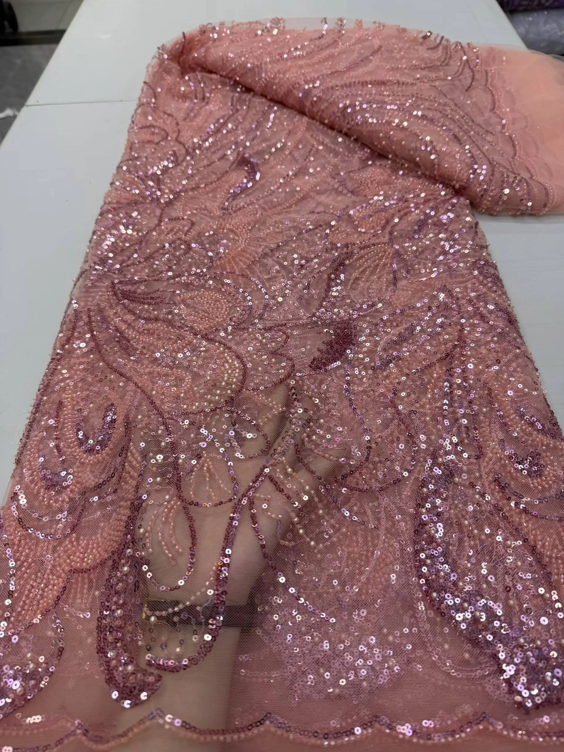 

African Sequins Lace Fabric 2025 High Quality Lace Nigerian French Tulle Beaded Lace Fabrics For Sewing Wedding Party Dresses