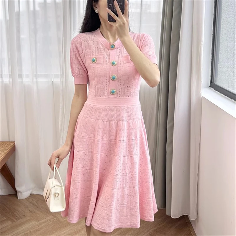 y2k High Quality Summer New Jacquard Knitted Round Neck Women's Fashion Commuting Single Breasted Stretch Slim ShortSleeve Dress