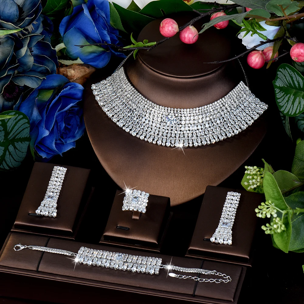 

HIBRIDE New Temperament Luxury Jewelry Stereo Necklace Earrings Bracelet Set Dubai Women's Wedding Ball Dress Gift S-985