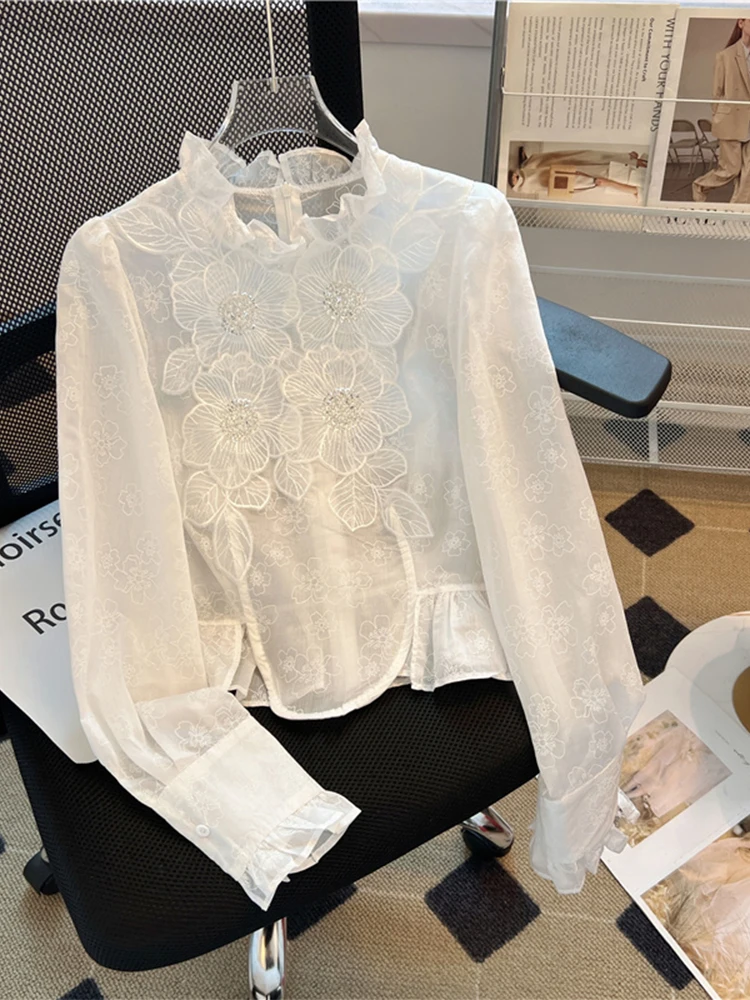 

Women's White Floral Shirts and Blouses Y2k Aesthetic Vintage 2000s Chinese style Long Sleeve Embroidery Shirt Fashion Clothes