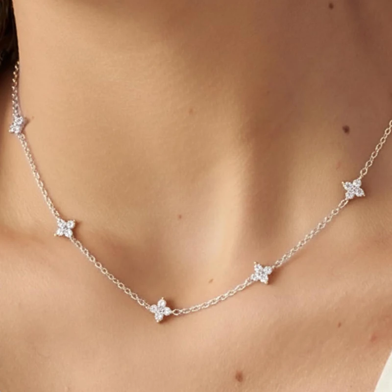 Rrjzz D-Color 3 mm Full Moissanite Clover Armband- und Halsketten-Set für Frauen, VVS1-Imitationsdiamant-Blumenschmuck, Geburtstagsgeschenke – Detail 5