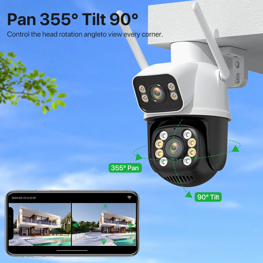 야외 듀얼 스크린 자동 추적 카메라, CCTV 비디오 감시 보안 캠, PTZ 6K, 9MP, 8x 줌 카메라, 8MP HD, 3 렌즈, iCsee