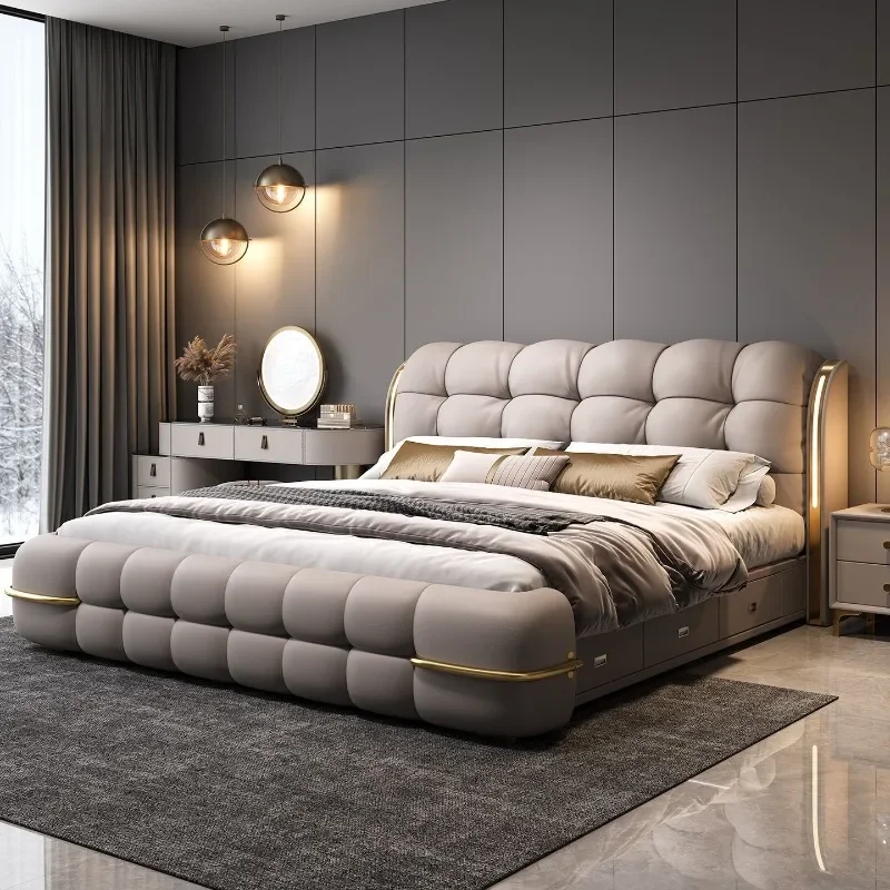 

Floor Modern Minimalist Bedroom Beds French Luxury French People Upholstered Bed Frame 180x200cm Unique Headboard Home Furniture