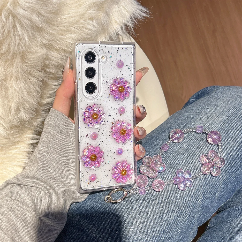 Cottage Elegant Jelly Flower Pearl Clear Glitter Phone Case for Samsung Galaxy Z Fold 7 Bead Wrist Strap Cover for Z Flip 7-3