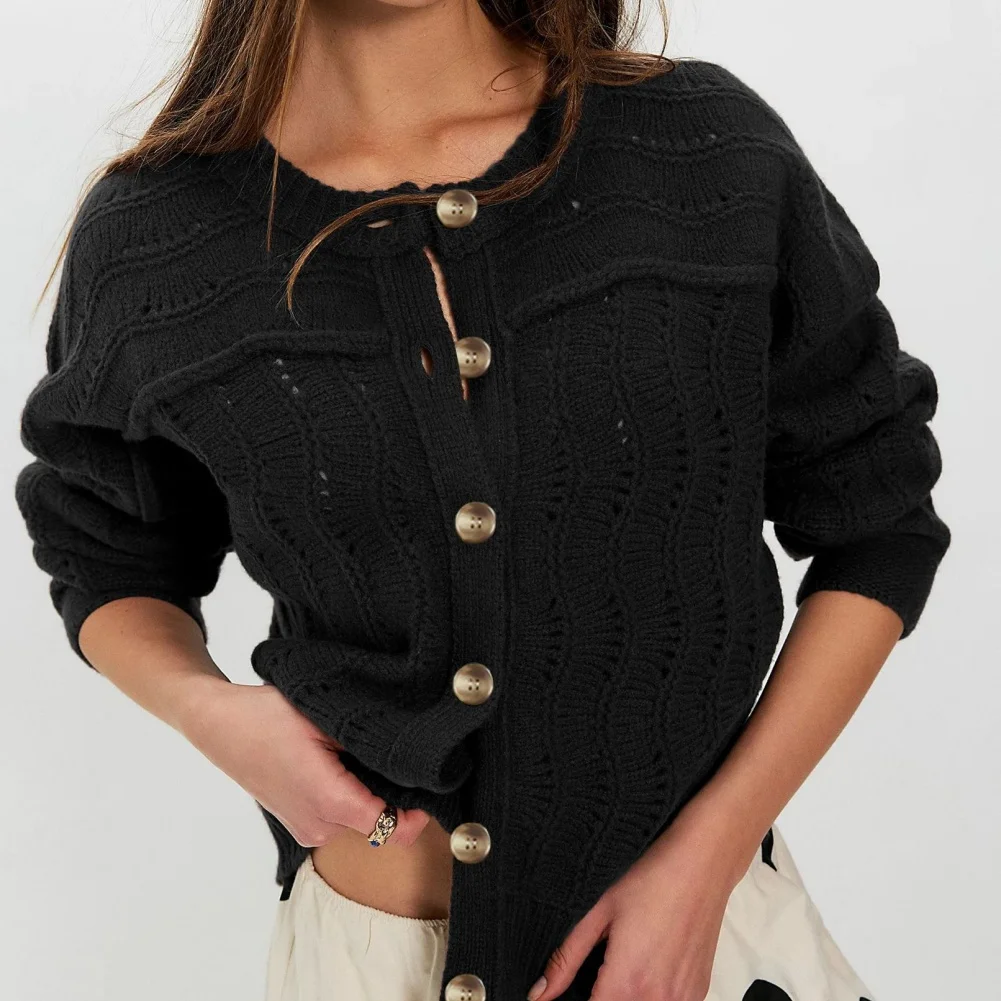 Openwork Wavy Pattern Short Sleeve Round Neck Knit Sweater for Women Ideal for Beach Vacation and Warm Weather