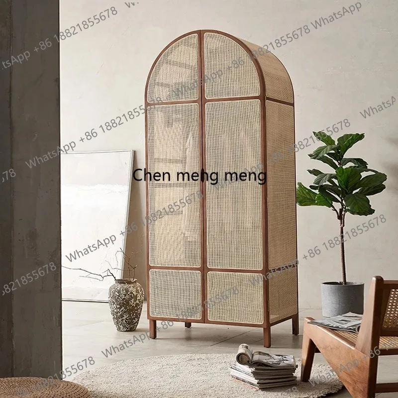 

Modern Retro Wardrobes Homestay Arched Dome Flat Door Storage Living Room Cabinets Solid Wood Rattan Woven Furniture