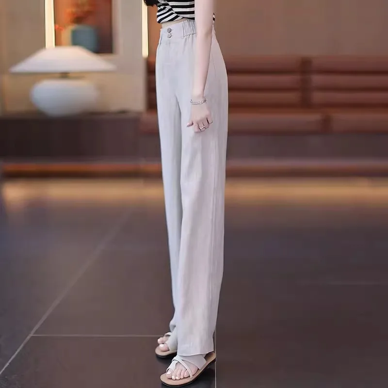 الصيف بارد الكتان السراويل المستقيمة عالية الخصر ضئيلة واسعة الساق السراويل النساء بسيطة بلون تنوعا السراويل الطويلة