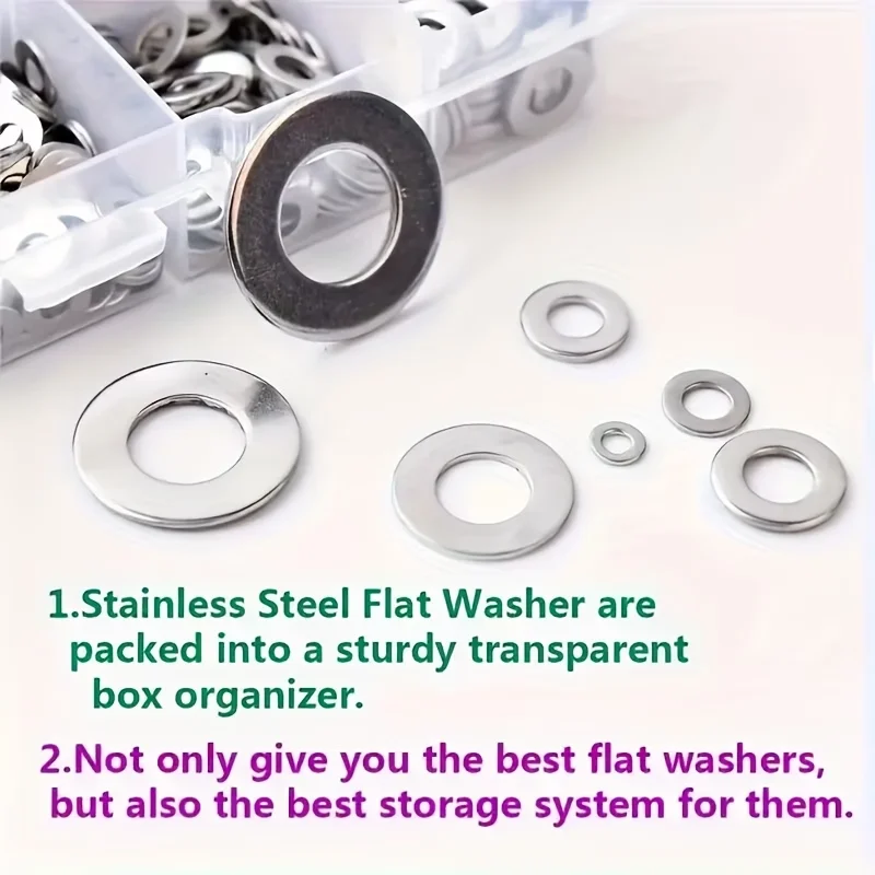 620pcs Metal Flat Washer Gasket Assortment Kit with Storage Box, Durable Booster Flat Washers, Polished Smooth Surface, M2-M12