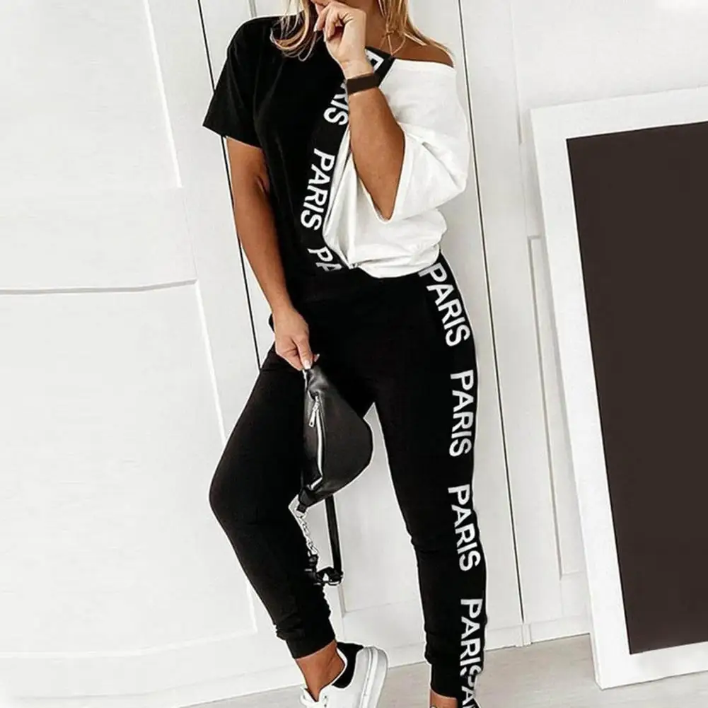 

2 Pcs/Set Women Tracksuit Contrast Color Letter Print Sportwear Off Shoulder Loose Sports Pullover Ankle-banded Top Pants Set
