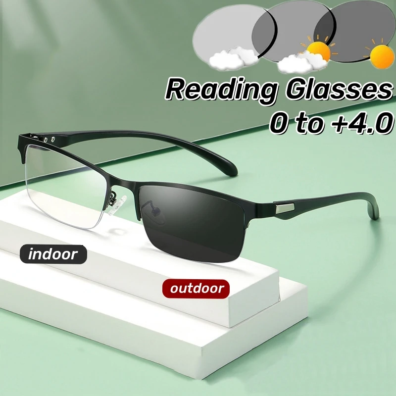 Business Metal Half Frame Photochromic Reading Glasses Anti-blue Light Far Sight Glasses Men High-definition Presbyopia Glasses