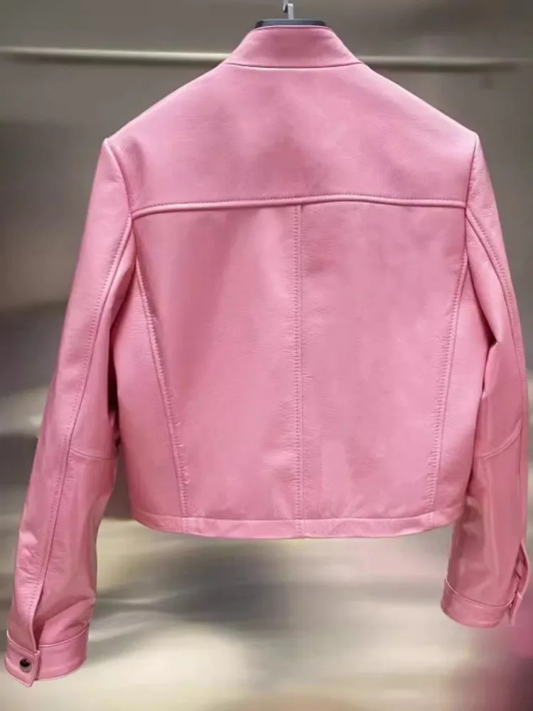 핑크 여성용 광택 양가죽 진짜 가죽 재킷 슬림 핏 지퍼 스탠드 칼라 모터사이클 바이커 방풍 숏 스타일 코트