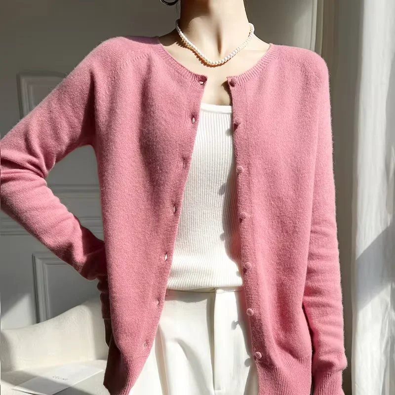 

2024 Women 100% Wool Cardigans Sweater Solid Casual Warm Outerwear Knitwear Tops 2024 Autumn Winter Women Clothing