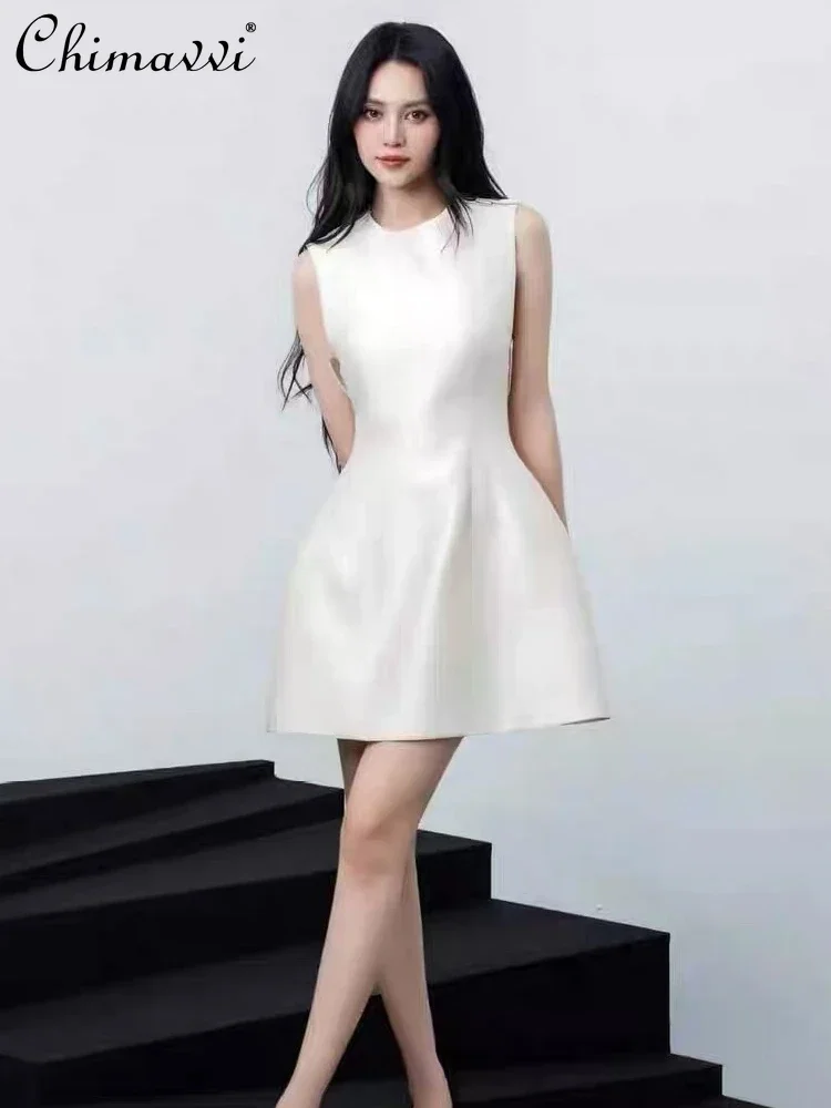 

French Elegance Temperament Round Neck Sleeveless Backless Big Bow High Waist Slim Fit A-line White Birthday Short Dress Women