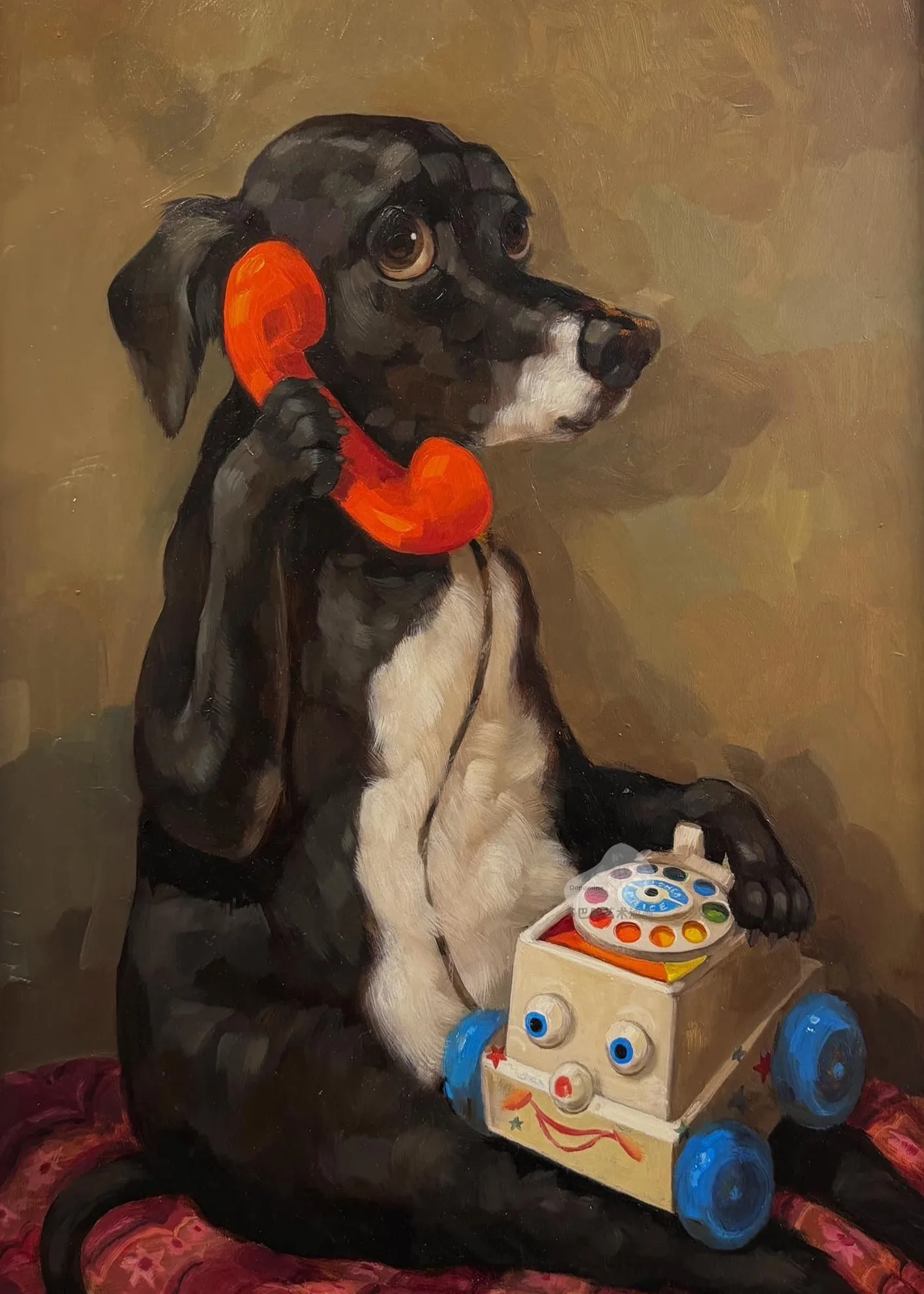 

Abstract puppy dog spoof fun hand-painted oil painting, American retro corridor aisle hanging painting