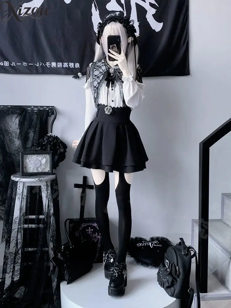 Gothic Lolita dames 2-delige sets geplooid shirt met lange mouwen en rok met riem matrozenkraag set effen kleur damesoutfit