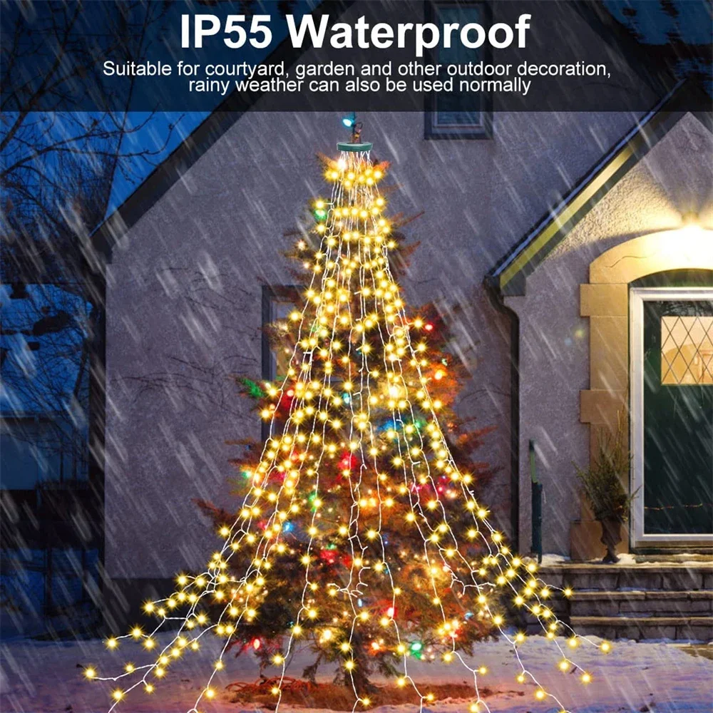 1.5M/2M/3M LED Ring Christmas Tree Tops Lights Decoration Tree Lights String for Patio Garden Outdoor Waterproof Waterfall Light