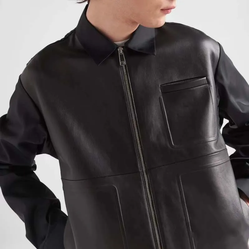 Men Coat Spring 2023 New Fashion Short Length Genuine Leather Jacket Splice Nylon Big Pocket Decoration Casual Style