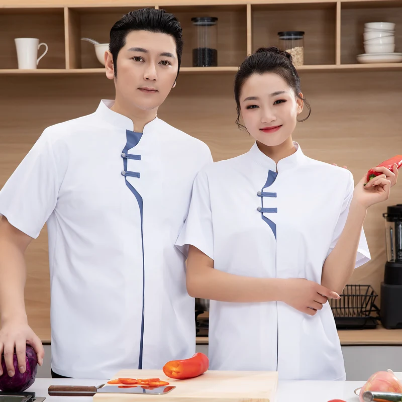 Professional Kitchen ชุดฤดูร้อนแขนสั้น Tops ผ้ากันเปื้อนคอลเลคชั่นห้องครัว Chef แจ็คเก็ตโรงแรม Catering Uniform