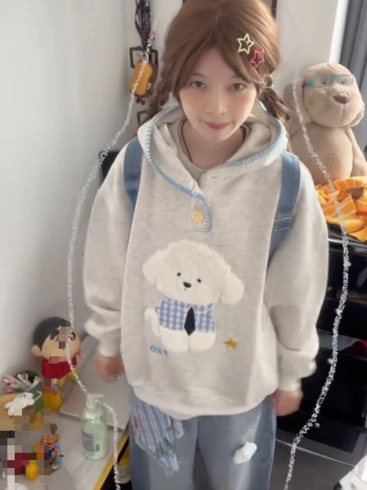 Y2K Kawaii Hoodie Sweaters Women Long Sleeve Subculture Dog Print Harajuku Sweet Cute Style Autumn Spring Aesthetics Casual Tops