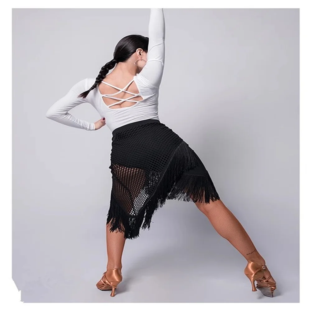 New black women\'s hollowed out Latin dance short skirt Tassel modern dance practice skirt Ladies cross show diagonal skirt