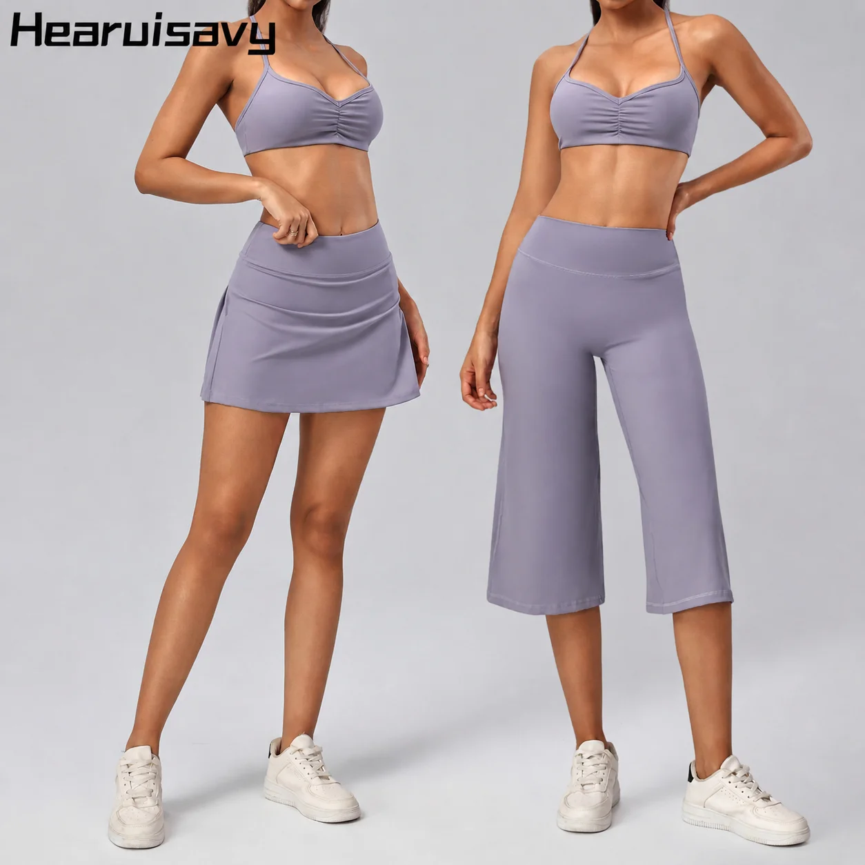 Hearuisavy Womens 2Pcs Fitness Set High Waist Wide Leg Yoga Capri Pants Push Up Breathable Sports Bra Gym Quick Dry Tennis Skirt