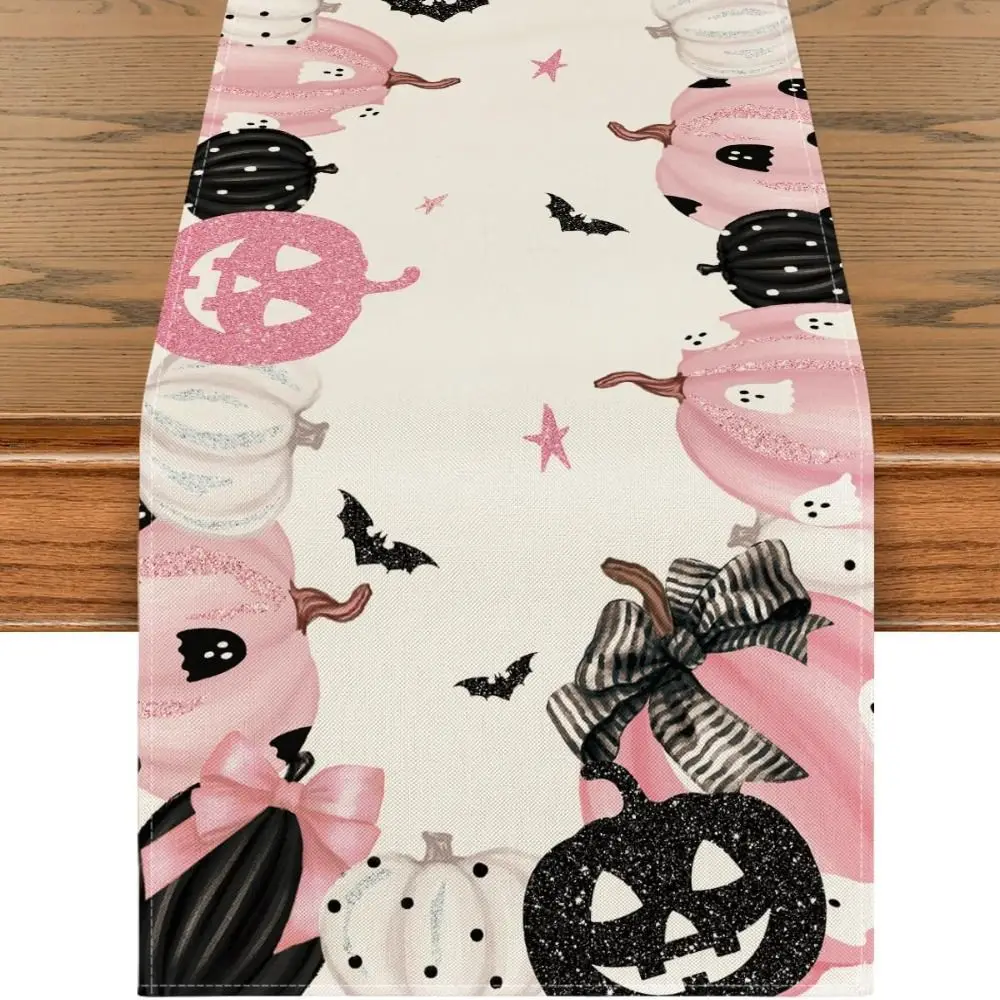 Pink Jack-O-Lantern Pumpkin Bat Halloween Tablecloth Flax Trick or Treat Halloween Table Runner Indoor Outdoor Pastel Halloween