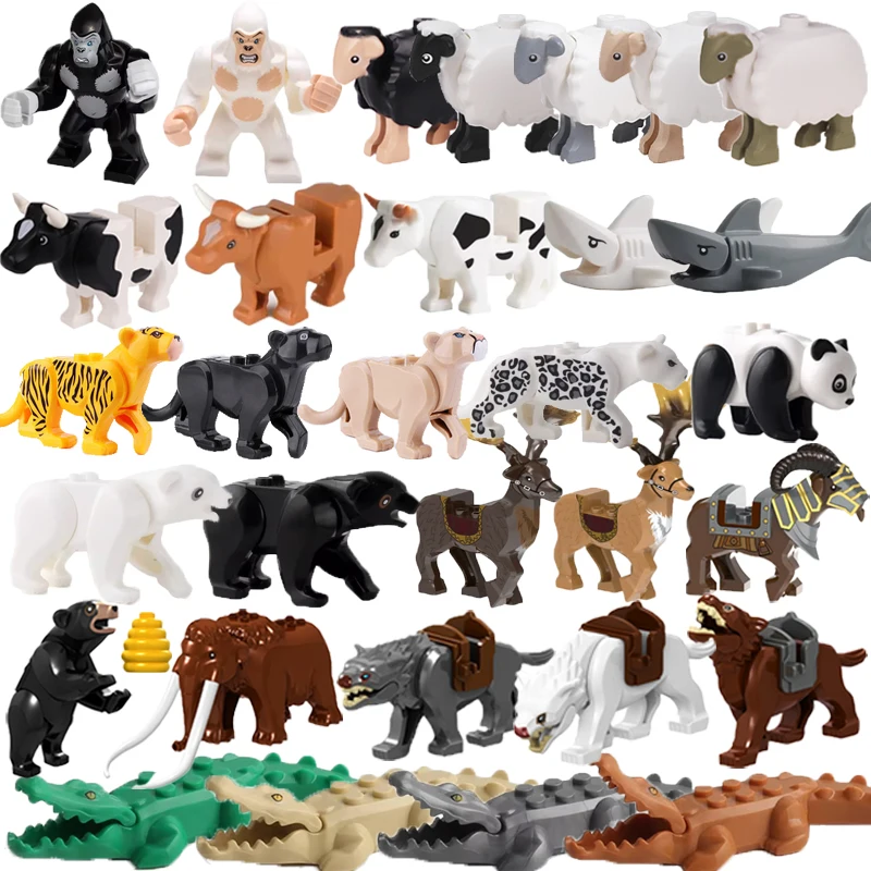 City Building Blocks Accessories Large Zoo Shark Panda Sheep Ox Deer Mountain Crocodile Tiger Wolf Pig Orangutan Gift Toys K038