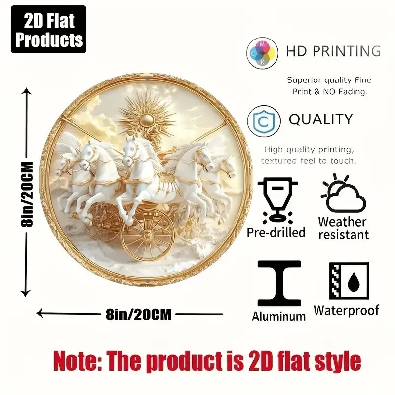 2D Metal Sign, 8 Inch Round Greek Roman Mythology Sun Chariot Gold Horse Metal Wall Art, White Gold Tone Radiant Sun Durable Alu