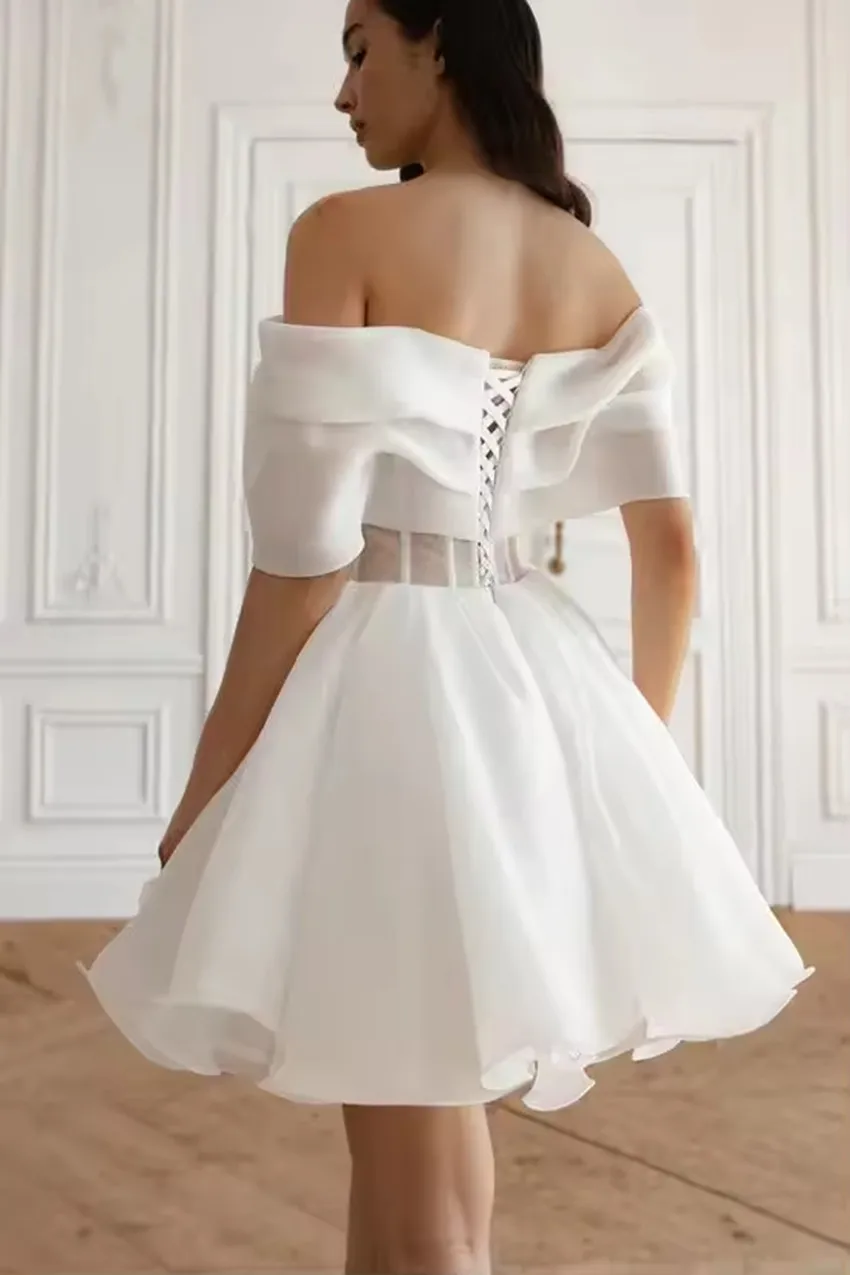 Robe de bal courte personnalisée, épaules dénudées, Mini robe de soirée plissée en Organza blanc, ligne a, à lacets, dos nu, robes de fête de mariage